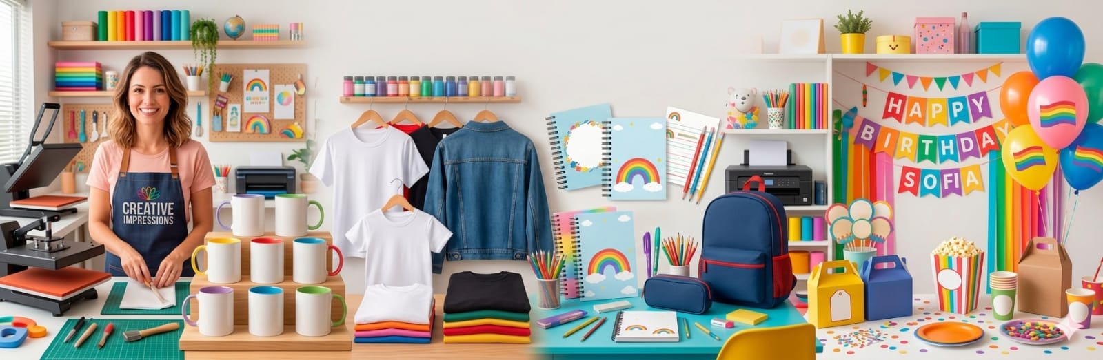 <i>MATERIAL ESCOLAR</i></br> <span>CANECAS, BLUSAS, PAPELARIA</span></br> <b>Artigos para Festa</b>